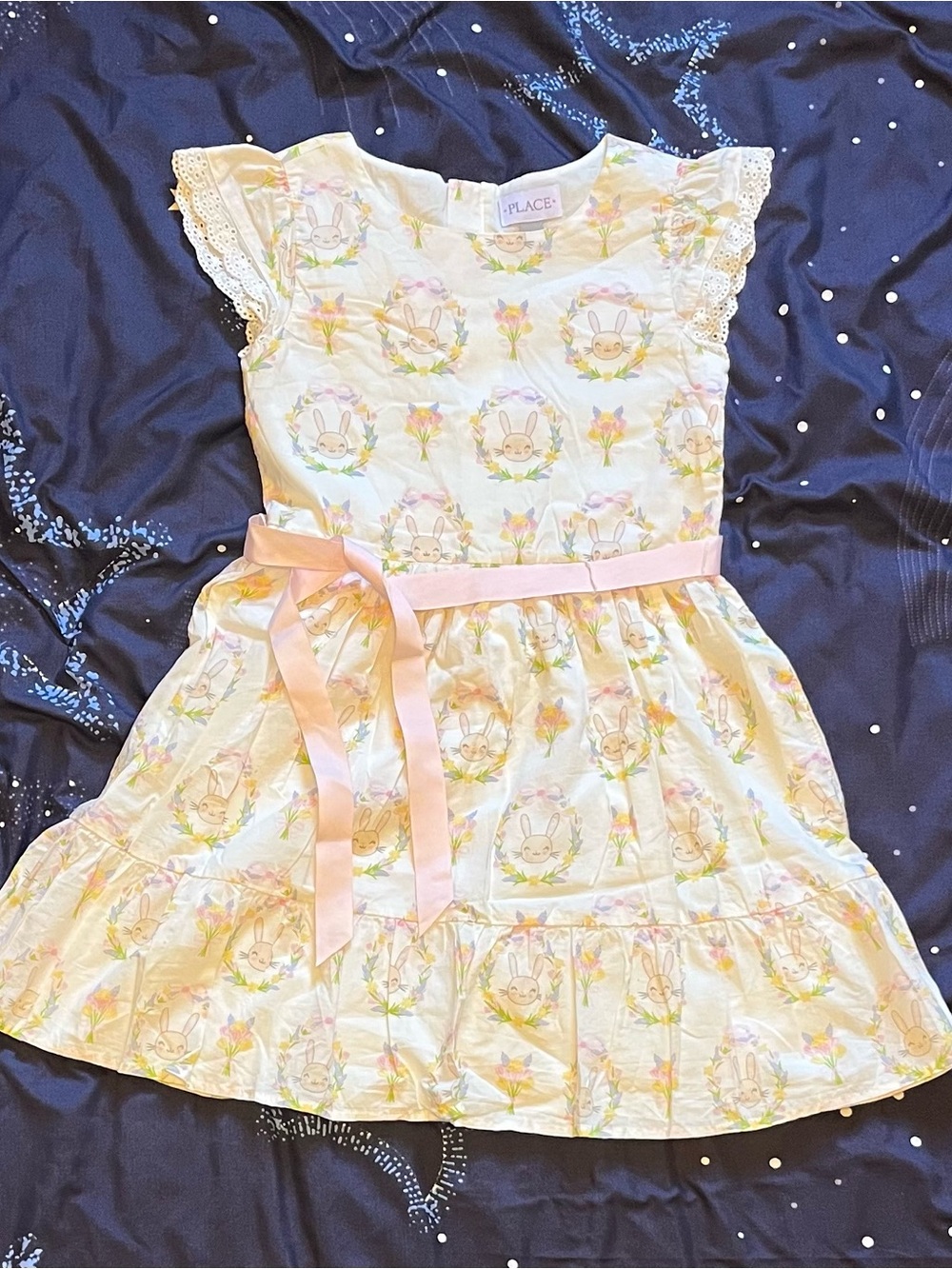 Girls Sz 8 Place Pastel Bunny & Floral Dress with Pink tie waist